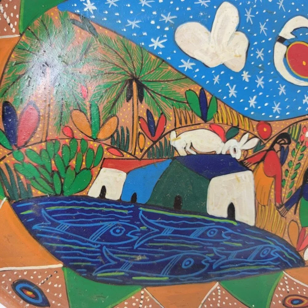 Mexican Hand Painted Folk Art Oval Clay Tray Platter Terracotta Wall Decor Fish - Picture 3 of 9